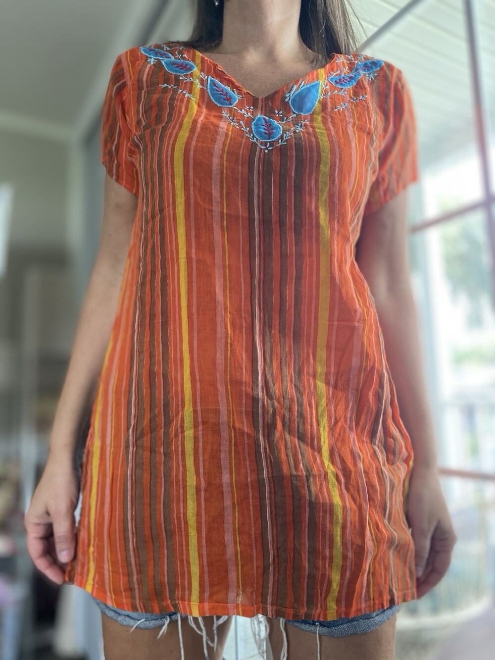 Quiet Storm Stripe Tunic Top Orange With Embroidery Medium